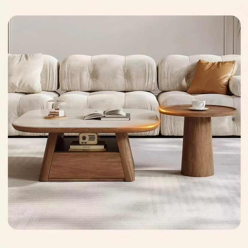 Mid-Century Modern Travertine Coffee Table: Minimalist Cream Stone Center Table with Integrated Storage Drawer CT-104