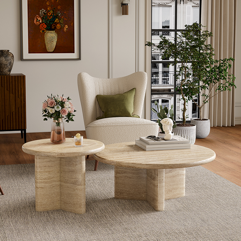 Cream Round Travertine Coffee & Side Table CT-108