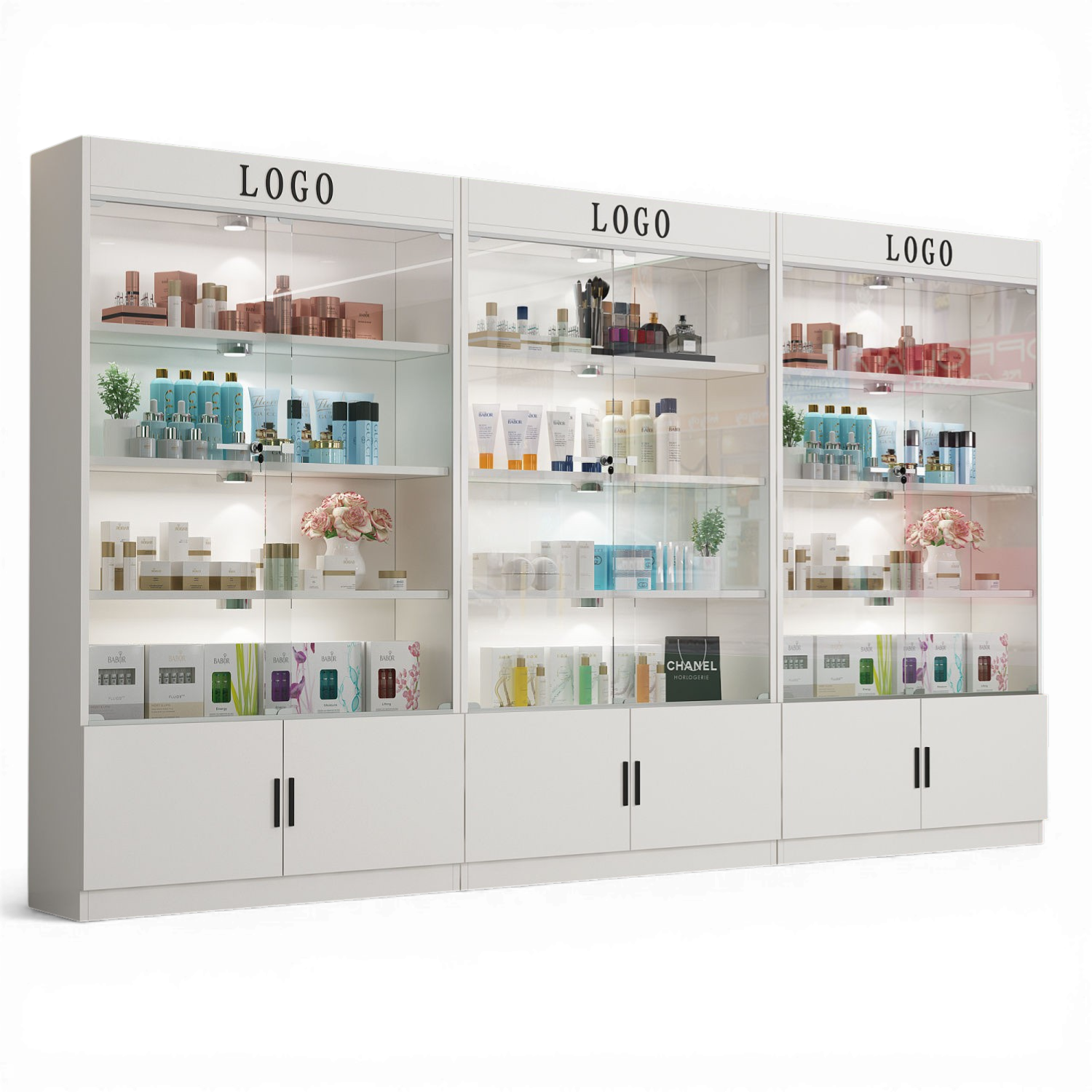 Modern Glass Door Display Cabinet – Luxury Beauty Salon Showcase DC-007