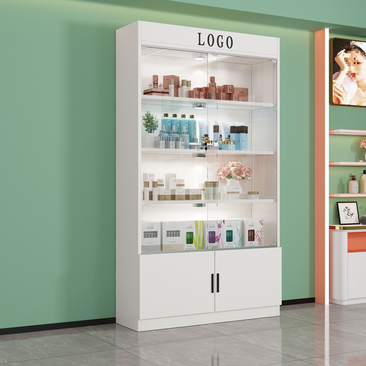 Modern Glass Door Display Cabinet – Luxury Beauty Salon Showcase DC-007