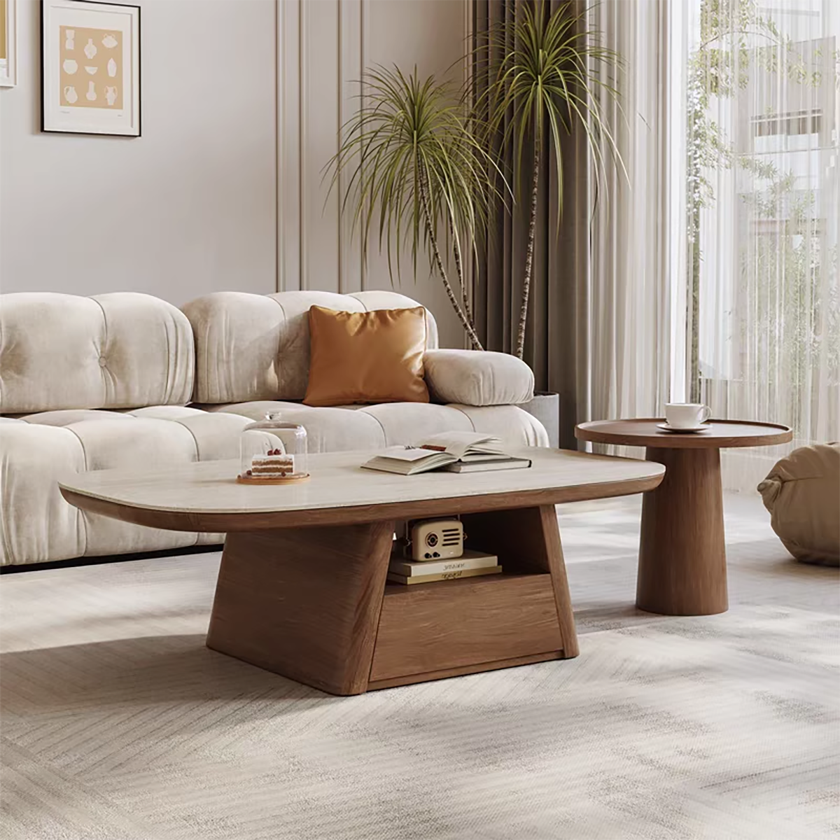 Mid-Century Modern Travertine Coffee Table: Minimalist Cream Stone Center Table with Integrated Storage Drawer CT-104
