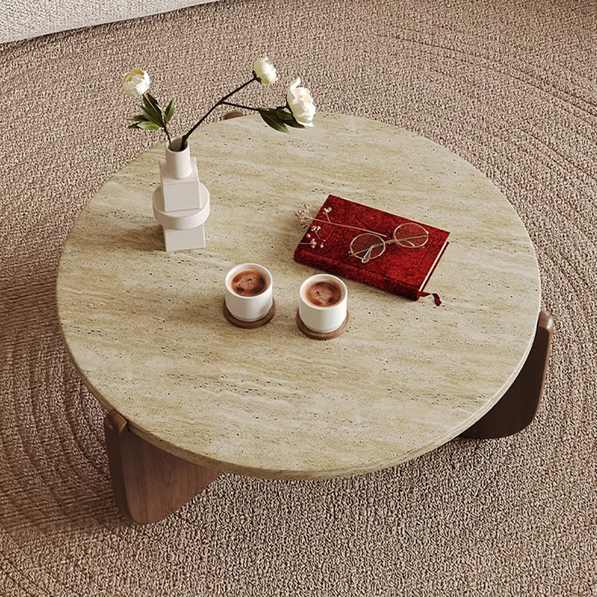 Round Travertine Marble Coffee Table for Small Living Spaces CT-102
