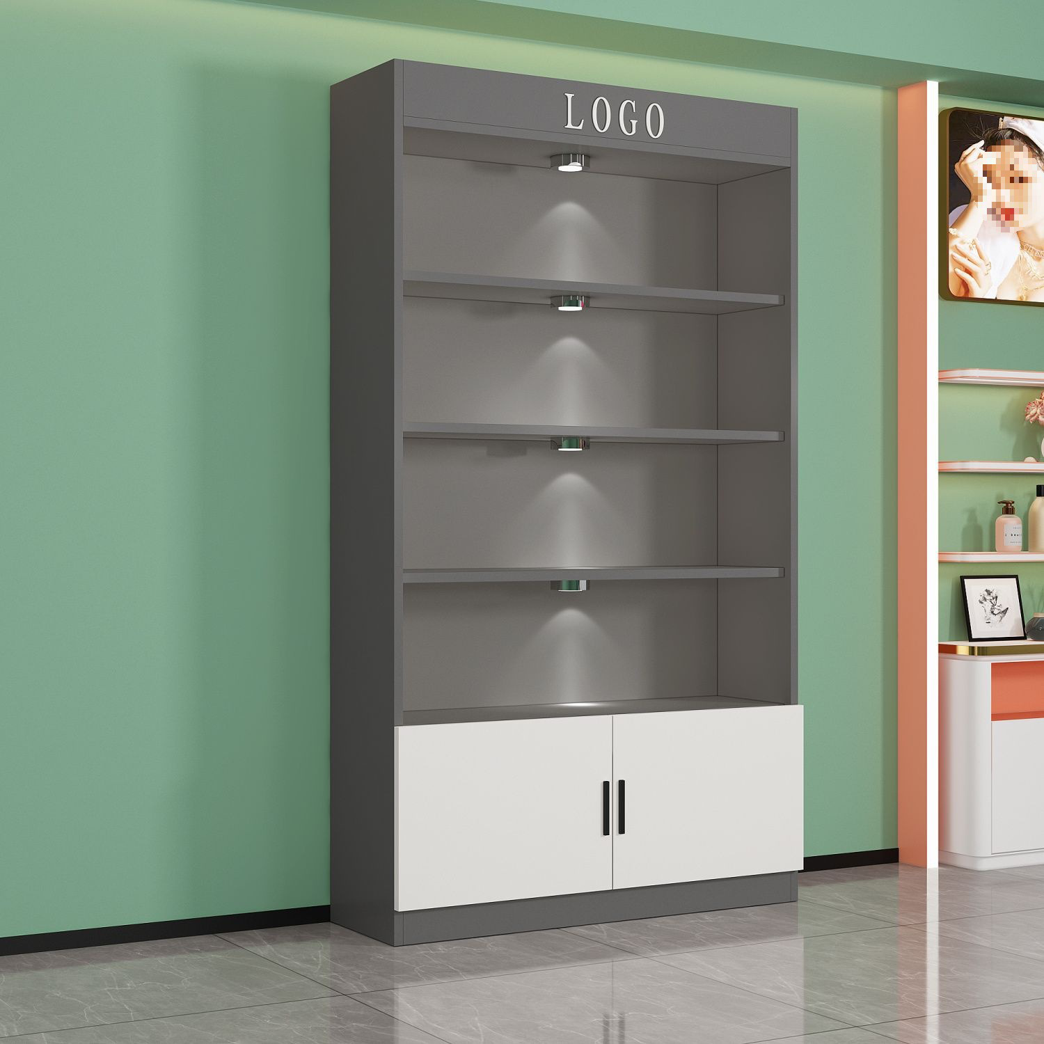 Modern Glass Door Display Cabinet – Luxury Beauty Salon Showcase DC-007