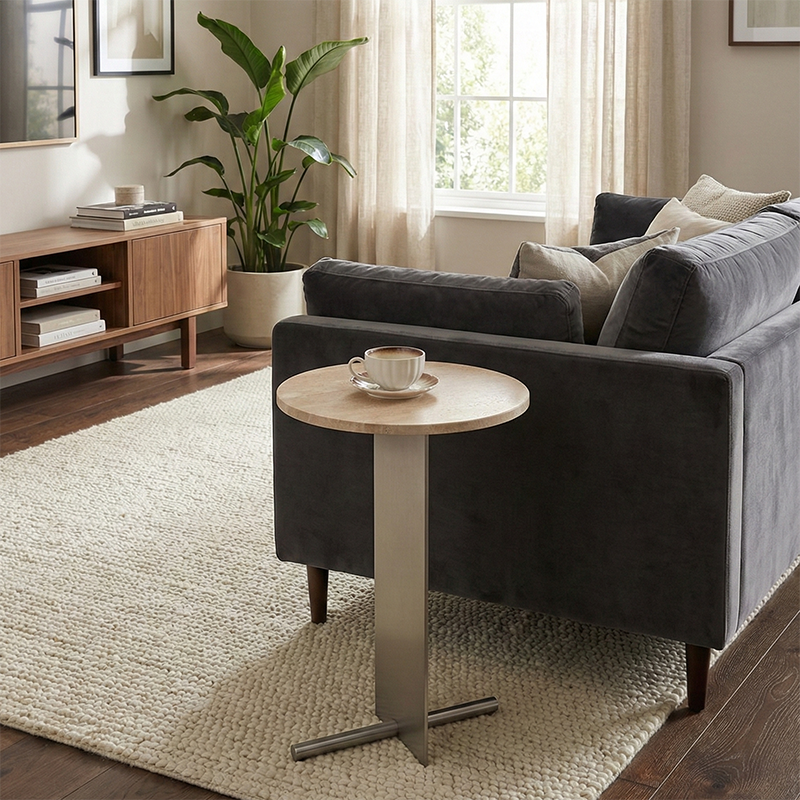 Stainless Steel & Travertine Creative Round Side Table for Sofa or Bedside ST-103