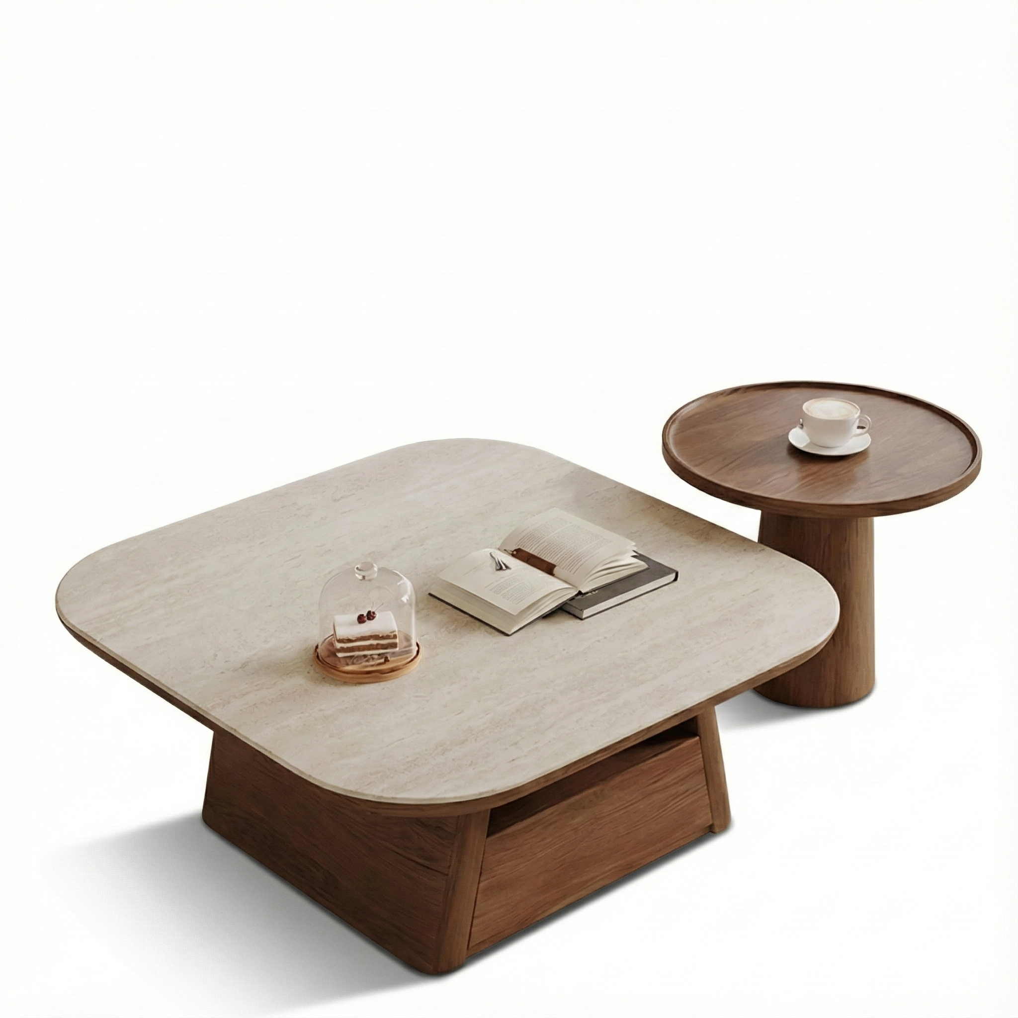 Mid-Century Modern Travertine Coffee Table: Minimalist Cream Stone Center Table with Integrated Storage Drawer CT-104