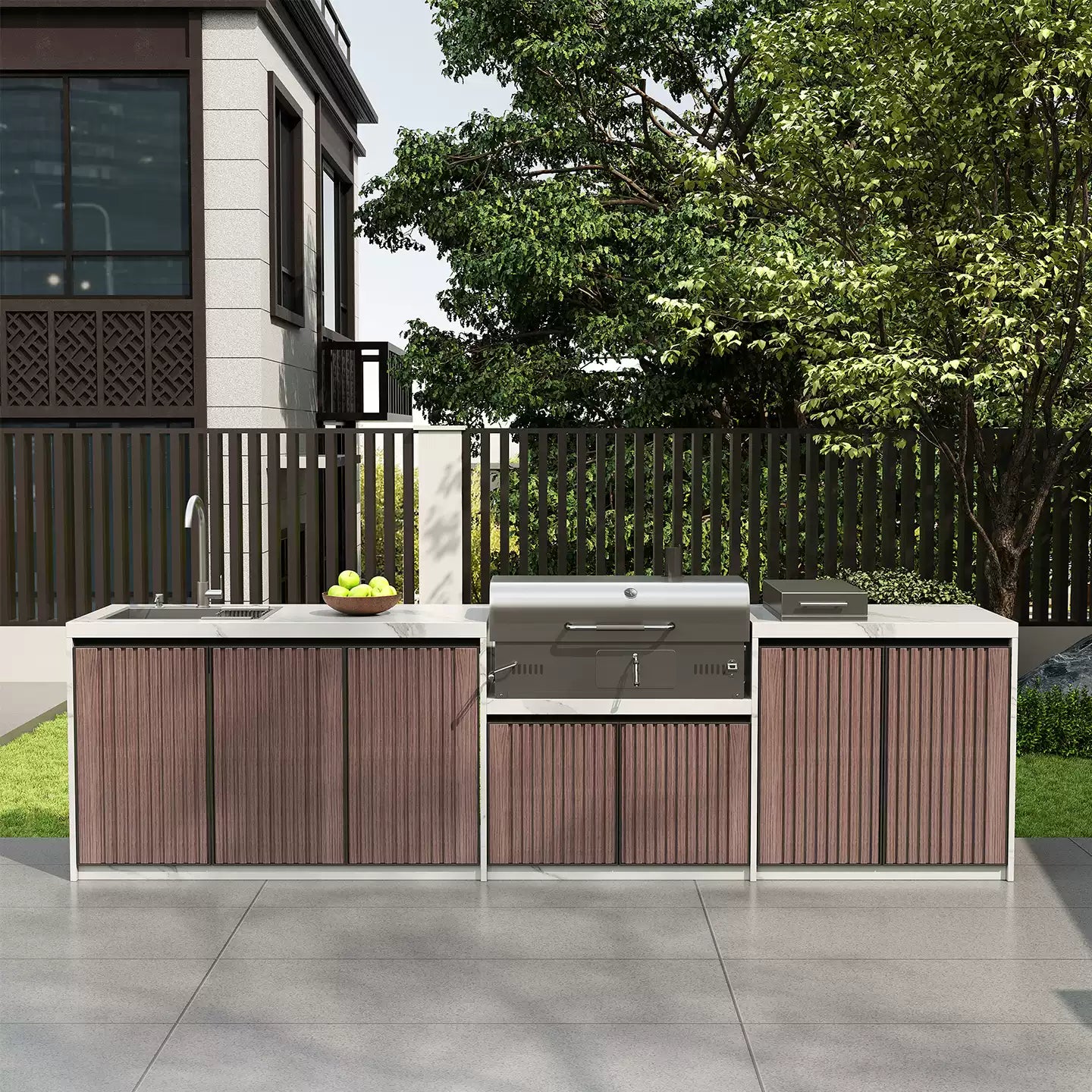 Villa Outdoor Kitchen Workstation Stone Countertop BBQ & Sink with Aluminum Cabinets OKC-108