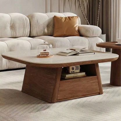 Mid-Century Modern Travertine Coffee Table: Minimalist Cream Stone Center Table with Integrated Storage Drawer CT-104