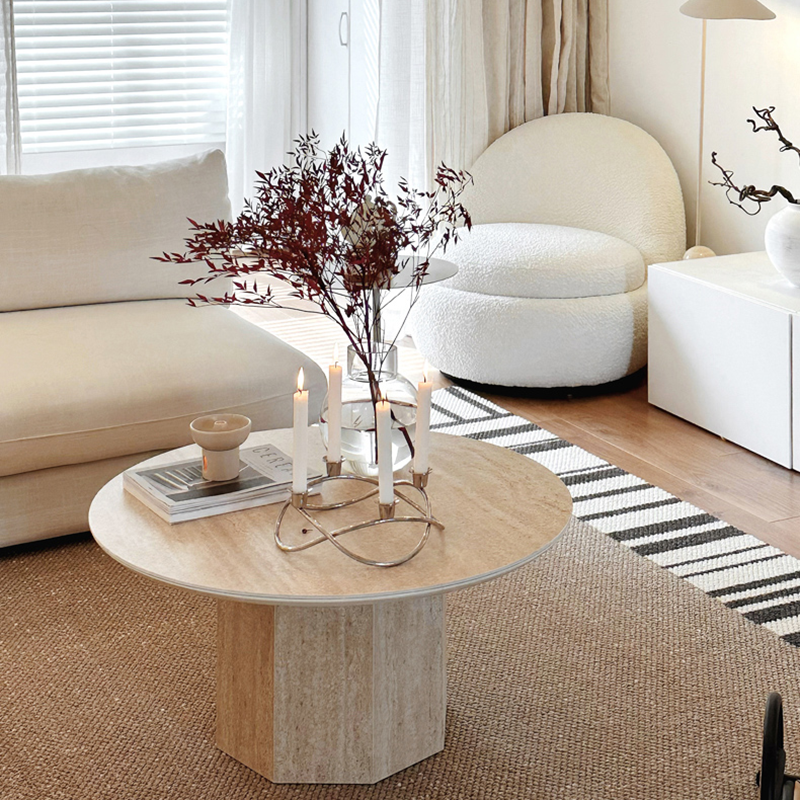 Multi-Scene Round Travertine Coffee Table CT-101