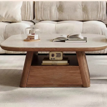 Mid-Century Modern Travertine Coffee Table: Minimalist Cream Stone Center Table with Integrated Storage Drawer CT-104