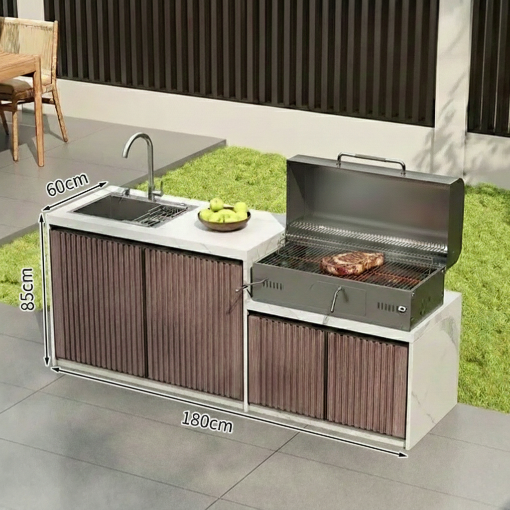 Villa Outdoor Kitchen Workstation Stone Countertop BBQ &amp; Sink with Aluminum Cabinets OKC-108