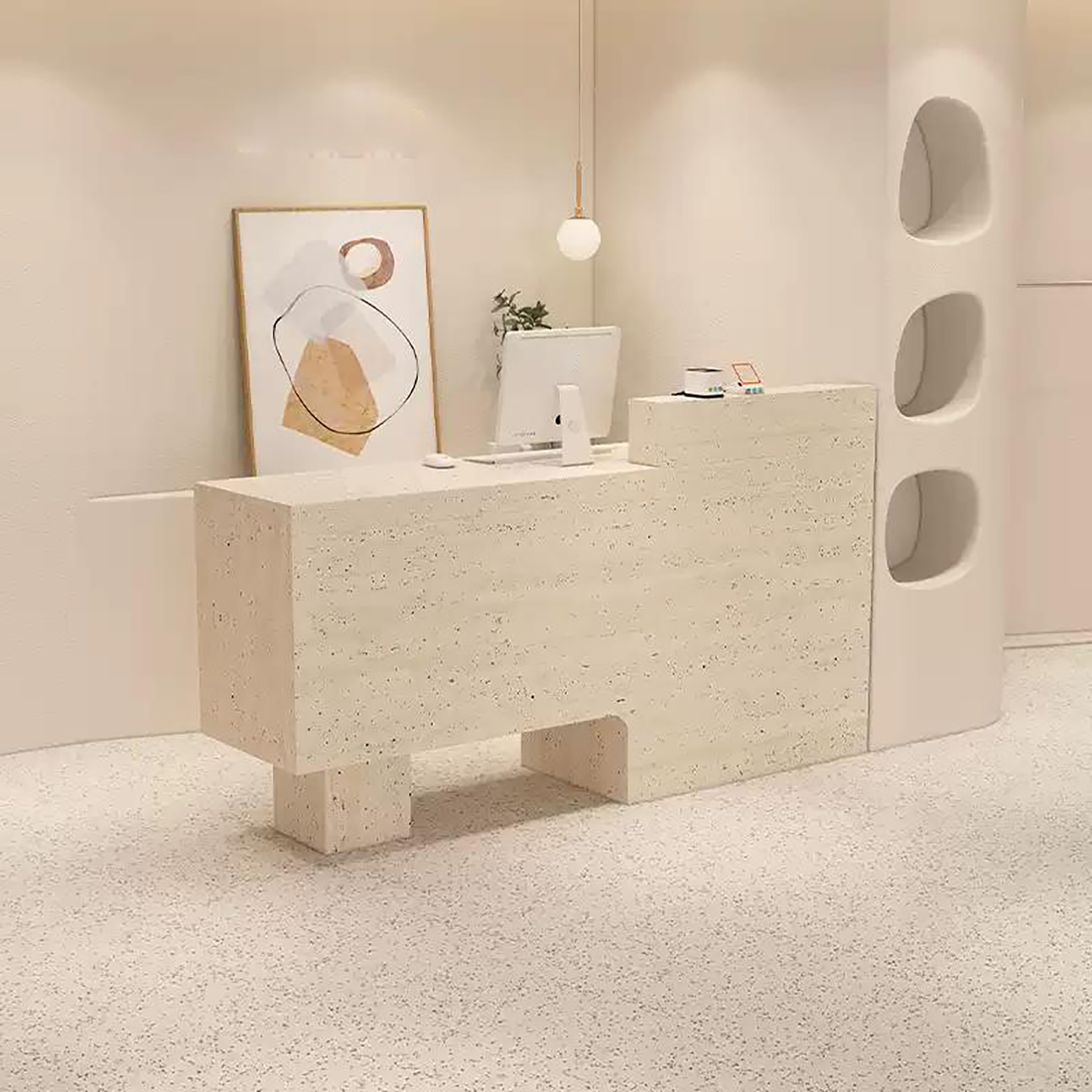 Minimalist Travertine Finish Reception Desk with Hollow-Out Negative Space RD-108