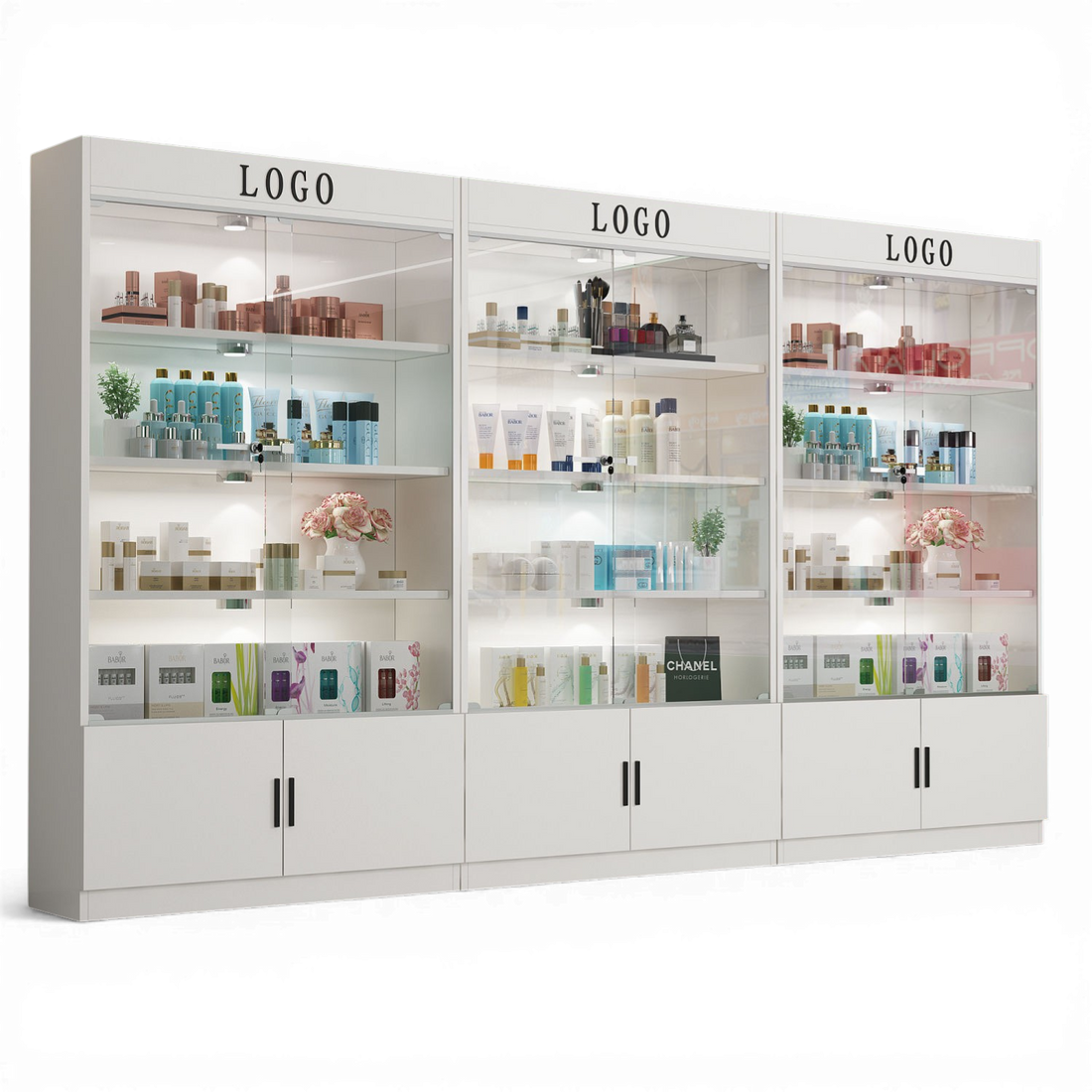 Modern Glass Door Display Cabinet – Luxury Beauty Salon Showcase DC-007