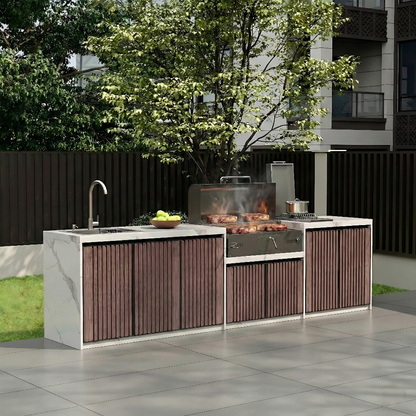 Villa Outdoor Kitchen Workstation Stone Countertop BBQ &amp; Sink with Aluminum Cabinets OKC-108