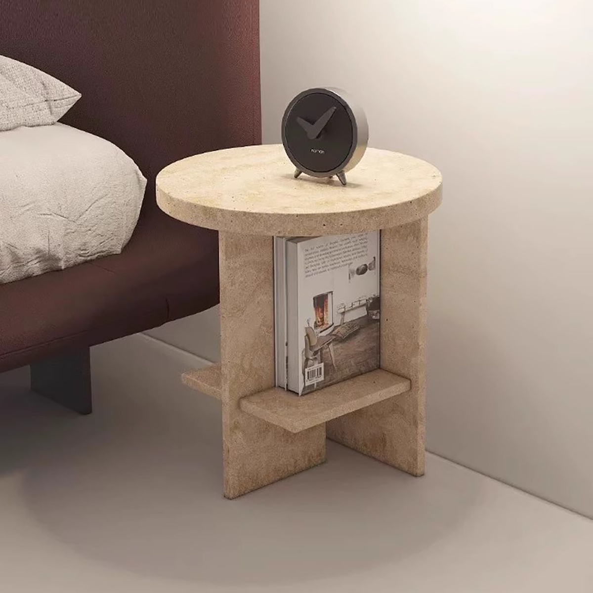 Travertine Round Bedside Table with Storage | Natural Stone Side Table ST-106