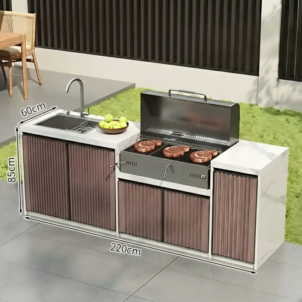 Villa Outdoor Kitchen Workstation Stone Countertop BBQ &amp; Sink with Aluminum Cabinets OKC-108