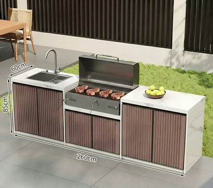 Villa Outdoor Kitchen Workstation Stone Countertop BBQ &amp; Sink with Aluminum Cabinets OKC-108