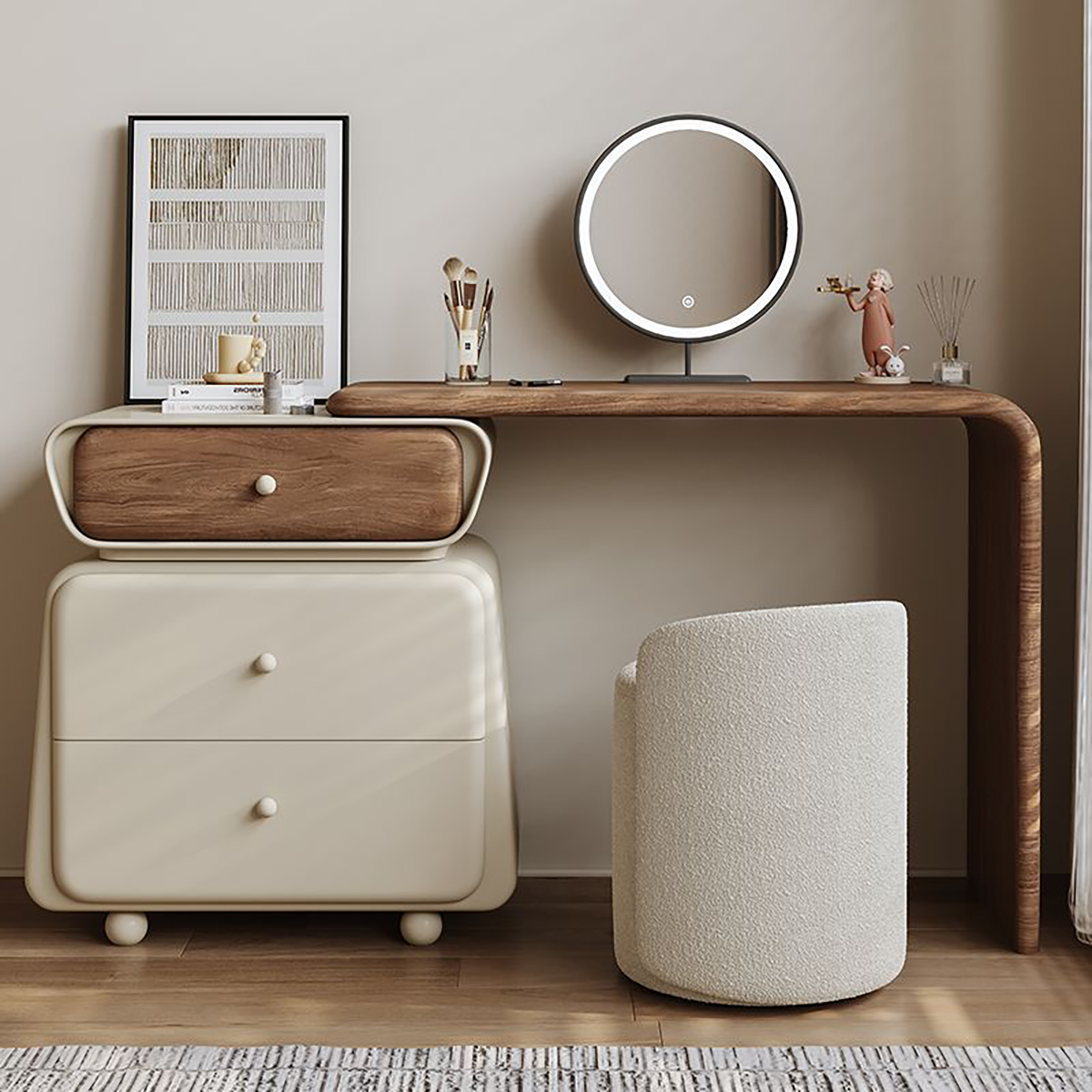 Mid-Century Vanity &amp; Dresser in French Cream Style DRT-106