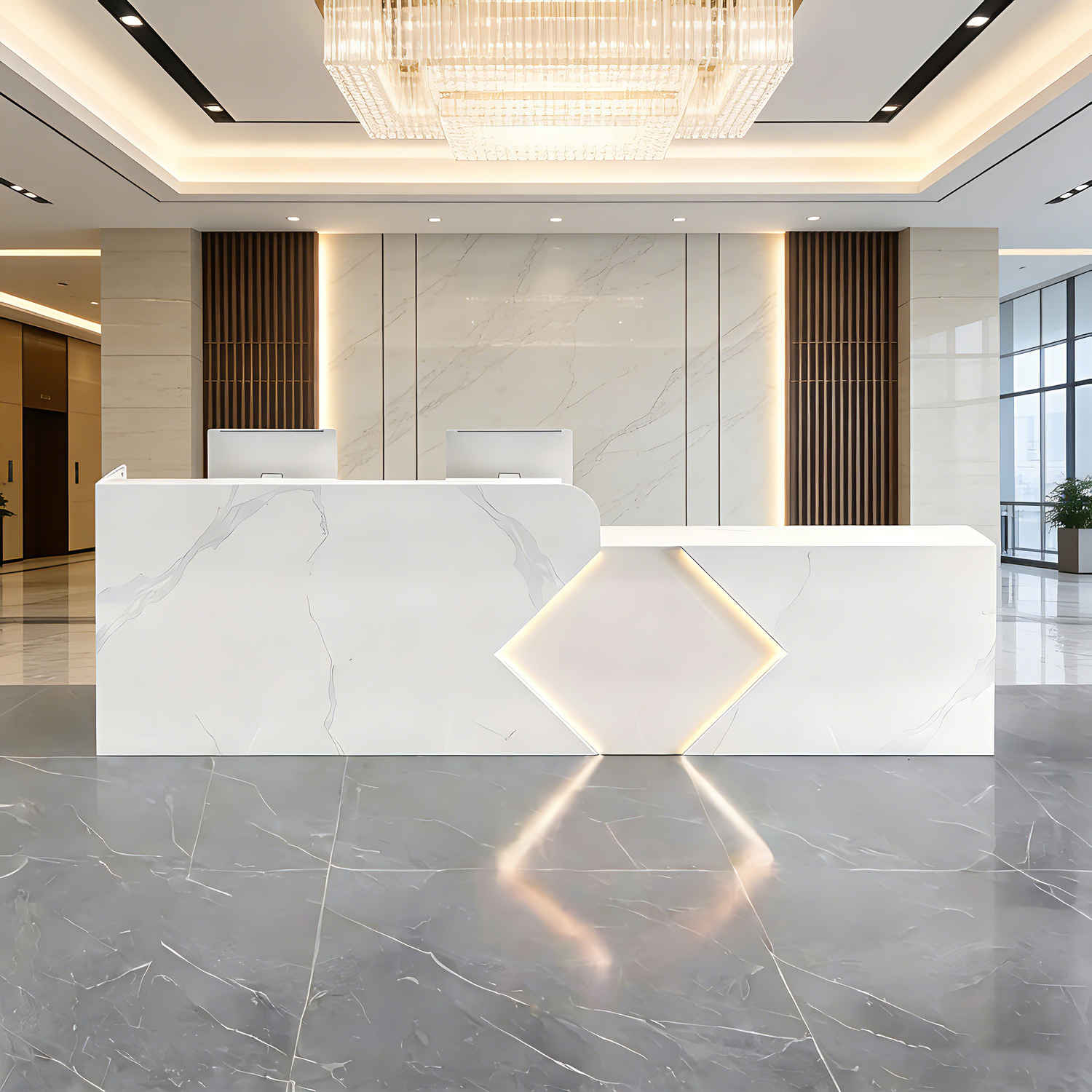 Modern White Marble Reception Counter with Geometric LED Lighting RD-152