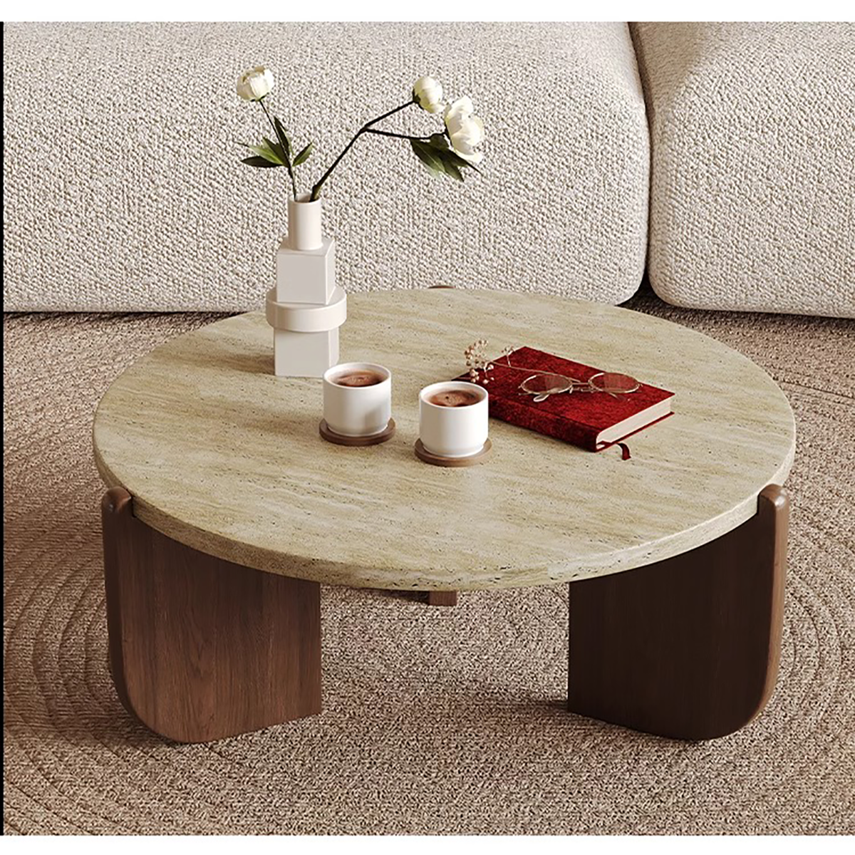 Round Travertine Marble Coffee Table for Small Living Spaces CT-102