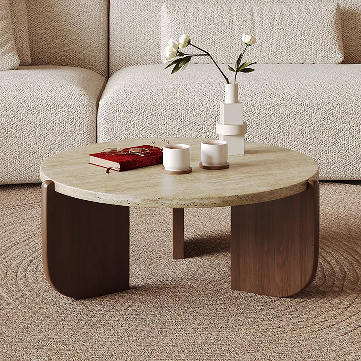 Round Travertine Marble Coffee Table for Small Living Spaces CT-102