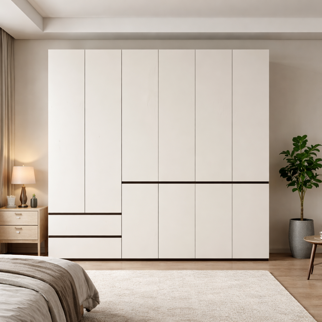 Aura Series - 2.4m Full-Wall Wardrobe - Modern Handleless Geometric White Closet System WD-023