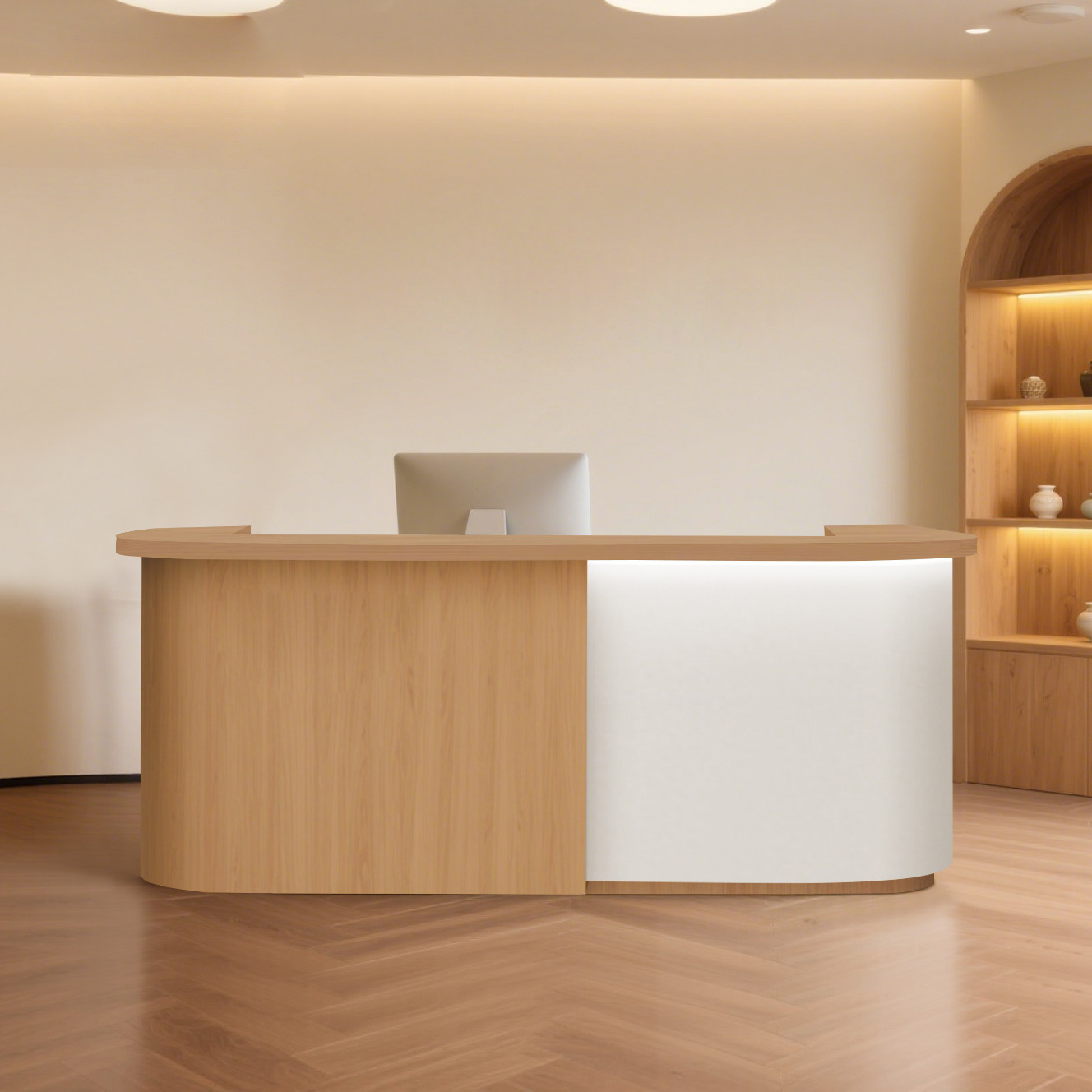 Wabi-Sabi Minimalist Curved Reception Desk for Salon, Boutique &amp; Yoga Studio RD-217