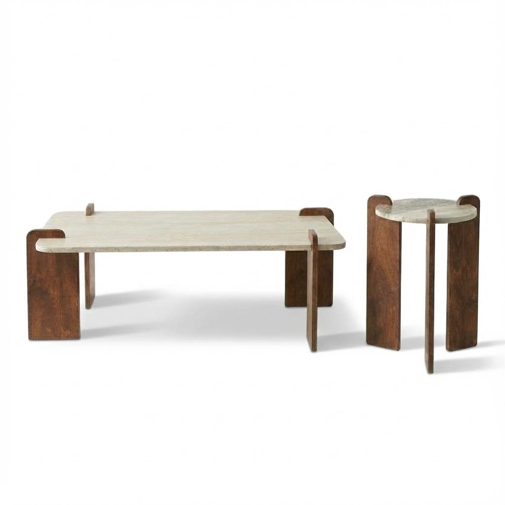 Interlocking Wood Design Sculptural Travertine Coffee Table CT-105