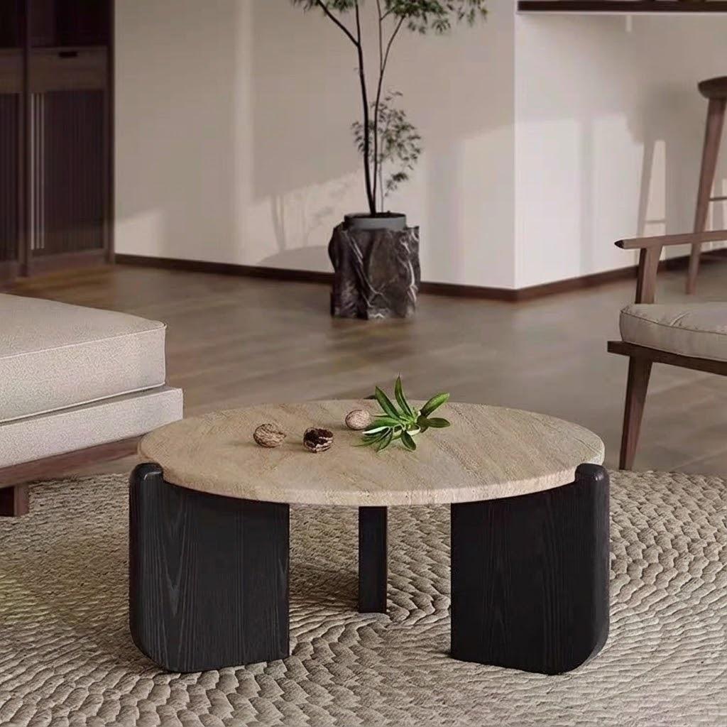 Round Travertine Marble Coffee Table for Small Living Spaces CT-102